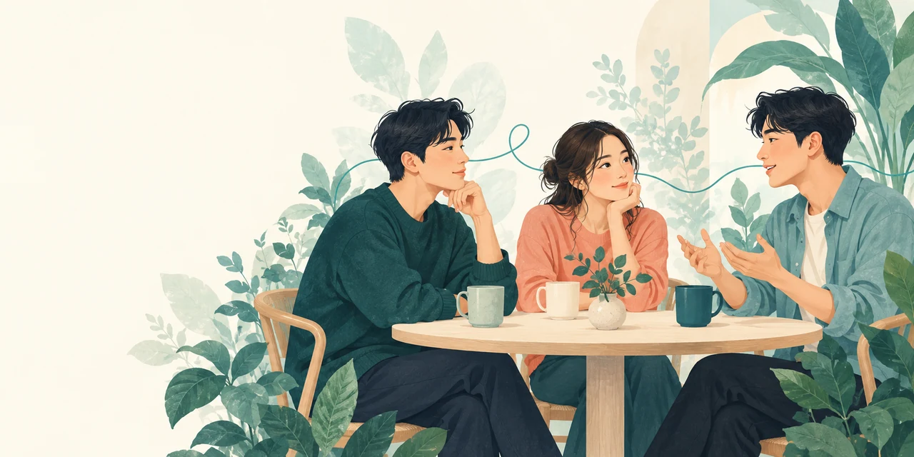 三个人觉察、倾听与交流情绪的清新编辑插画